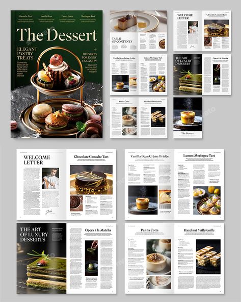 Explore this beautifully crafted Dessert Cookbook Magazine Template, available in InDesign INDD format. Designed for culinary professionals, bakers, and food enthusiasts, it provides an eye-catching layout for showcasing dessert recipes. Perfect for creating elegant recipe booklets, cooking magazines, or catalogs, this template is ideal for food bloggers and chefs aiming to highlight their gourmet creations. Whether for cooking classes, recipe promotions, or special events, this template adds a touch of sophistication to your culinary presentations. Recipe Book Templates Layout, Recipes Magazine Design, Recipe Booklet Design, Dessert Magazine Layout, Cooking Magazine Layout, Magazine Recipe Layout, Elegant Magazine Layout, Cook Book Cover Design Aesthetic, Food Magazine Layout Design Creative