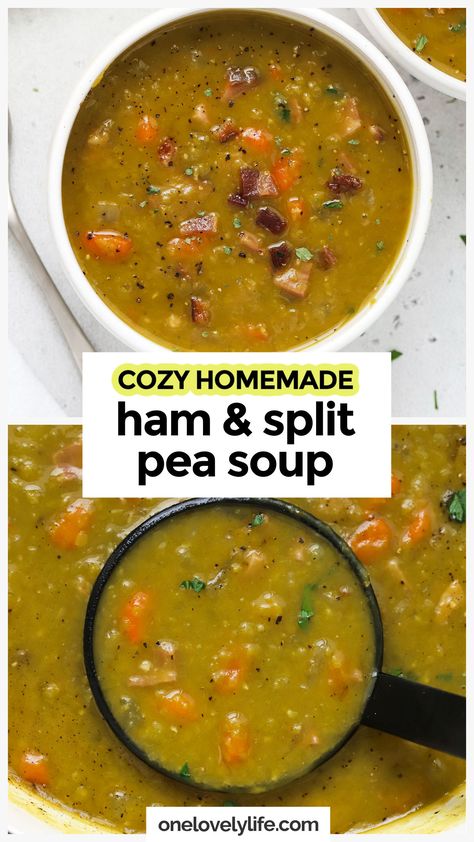 Made with tender split peas, smoky ham & savory veggies, our homemade ham & split pea soup recipe is the perfect comfort food! This easy pea soup is a great way to use leftover ham from the holidays and warms you up from the inside out. It's thick, hearty, naturally gluten-free, and high in protein and fiber, to boot. Get the recipe and more healthy soup recipes to try at One Lovely Life Ham Bone Pea Soup Recipe, Keto Split Pea And Ham Soup, Ham Soup Healthy, Split Pea With Ham Bone Soup, Ham Pea Soup Recipe, Ham And Split Pea Soup With Ham Bone, Split Pea And Ham Soup Dutch Oven, Ham Stock Uses, Ham Soup Keto