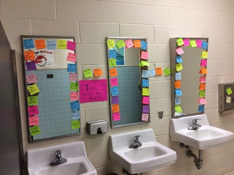 Not the stickies but laminated signs focusing on self esteem for girls bathrooms at school... Student Council Ideas, Kindness Club, Middle School Counselor, Teacher Morale, Sunshine Committee, High School Counseling, Middle School Counseling, Morale Boosters, School Improvement