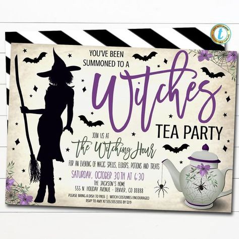 Witches Tea Party Invitation Halloween Bridal Shower Party Invitation, Wedding Halloween, Cheers Witches, Drink Up Witches EDITABLE Template Halloween fonts #halloweenfonts fonts #fonts font #font 2.1079 Witches Party Invitations, Witch Party Invitations, Witch Brunch, Halloween Ladies Night, Witches Drink, Tea Party Halloween, Witches Tea Party, Cheers Witches, Witches Tea