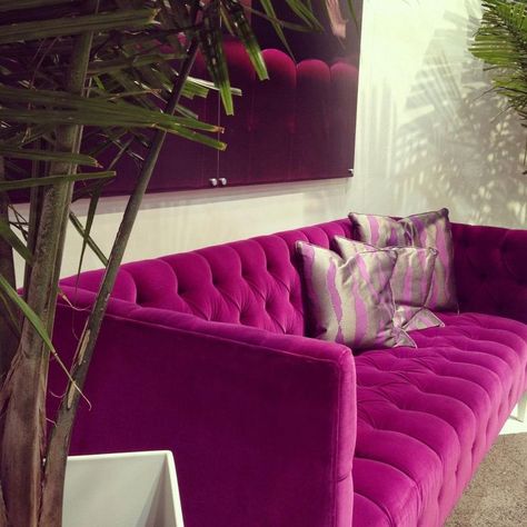 Love this color!! Kirk Nix for Robert Allen Contract: Beverly Blvd Collection Hot Pink Furniture, Purple Couch, Pink Couch, Pink Furniture, Velvet Furniture, Pink Sofa, Tufted Sofa, Maximalism, Robert Allen