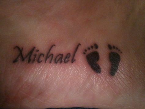 My son Michael's name on the outside of my right foot Michael Name Tattoo, Tattoo Ideas For My Sons Name, Michael Tattoo Name, Tattoo Idea For Sons Name, Footprint With Name Tattoo, Michael Name, C Tattoo, Tattoos With Kids Names, Ship Tattoo