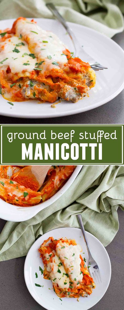 The perfect Sunday supper - this Ground Beef Stuffed Manicotti can be made ahead of time to save you from that dinnertime rush. Filled with ground beef and cheese and topped with a homemade sauce, this is a winning pasta dinner! #dinner #pasta #groundbeef Meat Manicotti Recipe, Sausage Manicotti, Beef Manicotti, Meat Manicotti, Homemade Manicotti, Spinach Manicotti, Manicotti Pasta, Stuffed Manicotti, Manicotti Recipe