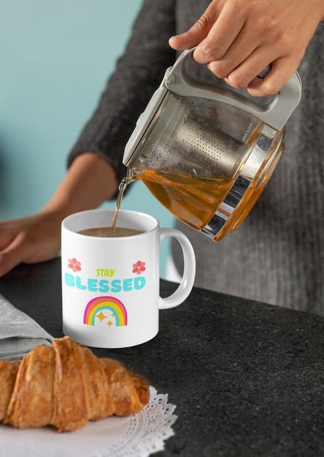 Coffee, tea, or art? Have it all with this eye-opening ceramic mug. A cute, light-colored 'STAY BLESSED' designed mug to radiate positivity this summer. Never Stop Dreaming, Customised Mugs, Tea Drinkers, Cup Of Joe, Fun Cup, Tea Bag, Ceramic Mugs, Gifts In A Mug, Morning Coffee