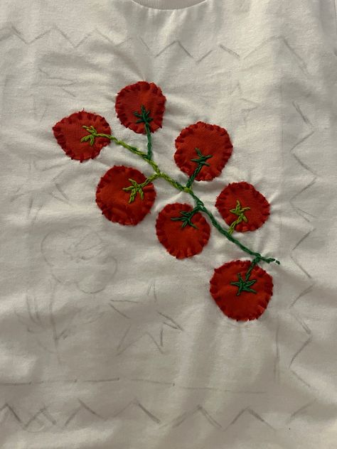 tomato, embroidery, art project, summer craft, shitty art, t shirt, tomatoes, tomato vine, sewing, hand sewing, art, red, baby tee Tomato Embroidery Pattern, Tee Shirt Embroidery, Freehand Embroidery Ideas, Embroidered Tee Diy, Tomato Applique, Embroidery Inspiration Aesthetic, Sewing Flowers On Clothes, Tomato Craft, Embroidered Tomato