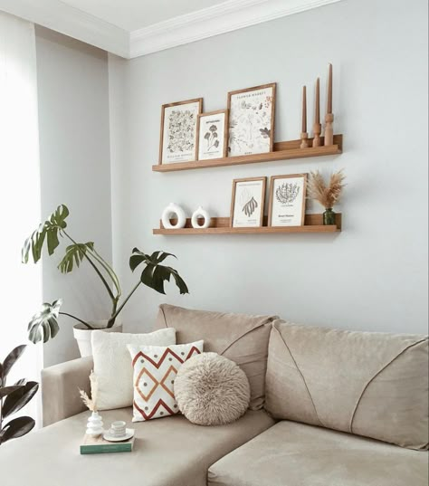 Picture Shelf Above Corner Sofa, Pictures On Shelf Display, Double Floating Shelves, Behind Couch Wall Decor Farmhouse, Mosslanda Ikea Ideas, Ideas For Office Decor, Blank Wall Ideas Living Room, Shelves Above Sofa, Shelf Behind Couch