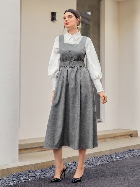 Grey Elegant Collar Sleeveless Fabric Plain Pinafore Embellished Non-Stretch  Women Clothing Dangri Dress Women, Dangri Dress, Modest Dress Outfits, Pinafore Dress Outfit, Grey Dress Outfit, Modest Christian Clothing, Check Pinafore Dress, Modest Fall Outfits, Maria Victoria