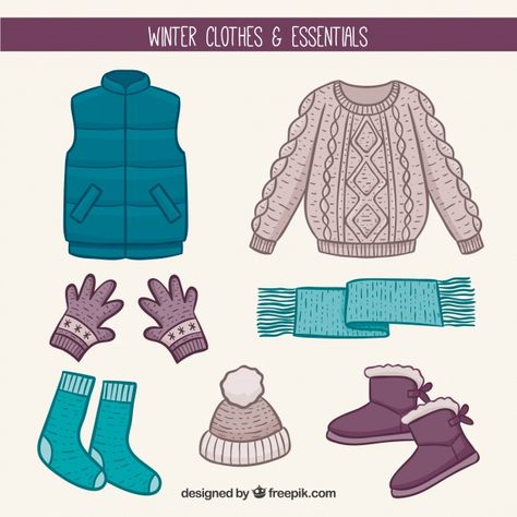 Hand drawn winter clothes Winter Clothes Drawing, Library Clothes, Clothes Essentials, Winter Fashion Cold, Winter Activities Preschool, Clothes Drawing, Woolen Clothes, Kids Winter Outfits, Clothing Sketches