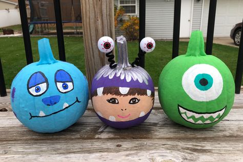 Hand painted Monsters Inc. pumpkins. Movie Theme Pumpkin Painting, Monsters Inc Pumpkin Painting Ideas, Boo Monsters Inc Pumpkins Painted, Mike And Sully Pumpkin Paintings, Matching Painted Pumpkins, Group Pumpkin Painting Ideas, Monsters Ink Trunk Or Treat, Monster Ink Pumpkin Painting, Halloween Pumpinks