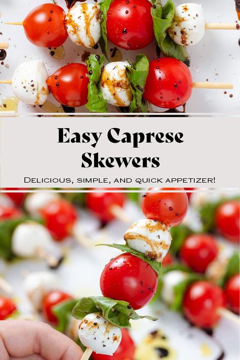 These Caprese Skewers are a delicious easy appetizer for any time of the year! It's amazing in the summer when tomatoes and basil are in season but it also makes delicious festive finger food appetizer for the holidays and Christmas parties. It requires almost no effort and it's always a hit! Add a drizzle of balsamic glaze to really make it amazing! Pioneer Woman Caprese Skewers, Christmas Sides And Appetizers, Caprese Appetizer Christmas, Tomato Basil Cheese Appetizer, Finger Foods Vegetables, Mozzarella And Tomato Skewers, Mozzarella Skewers Appetizer Ideas, Easy Marinated Cheese Appetizer, Grape Tomato Appetizer