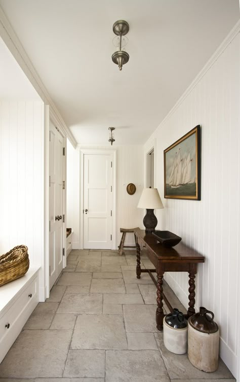 Gold Hallway, New England Interior, Ceramic Lampshade, Hallway Ceiling Lights, Hallway Ceiling, Dark Wood Furniture, Flush Mount Ceiling Light Fixtures, Entryway Lighting, Simply White