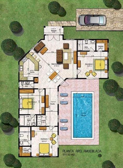 House With Pool, L Shaped House, Pool House Plans, Courtyard House Plans, Beach House Plans, Villa Plan, Sims House Plans, House Construction Plan, Model House Plan