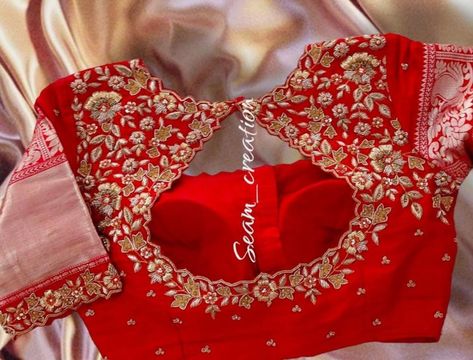 Gold Zardosi Work Blouse, All Over Work Blouse Design, Short Hands Maggam Work, Red Colour Blouse Maggam Work, Red Blouse Design, Maggam Blouses, Blouse Works, Latest Bridal Blouse Designs, Latest Blouse Designs Pattern