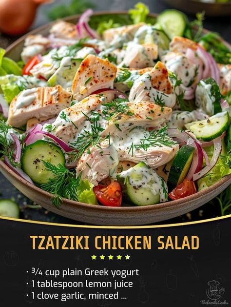 Family Cookbook Recipes | Tzatziki chicken salad is the perfect make-ahead cold lunch recipe | Facebook Tzatziki Chicken Salad, Steam Chicken Recipe, Cold Lunch Recipes, Tzatziki Chicken, Shredded Rotisserie Chicken, Cold Lunch, Best Macaroni Salad, Fresh Salad Recipes, Cold Lunches