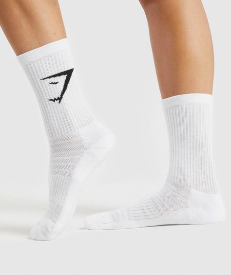 Gymshark Crew Socks 3pk - White | Gymshark Gymshark Socks, Gym Shark Outfit, Gym Gear For Men, Athletic Dresses, Socks Gym, Body Sweat, Gym Shark, Gym Accessories, 2022 Christmas