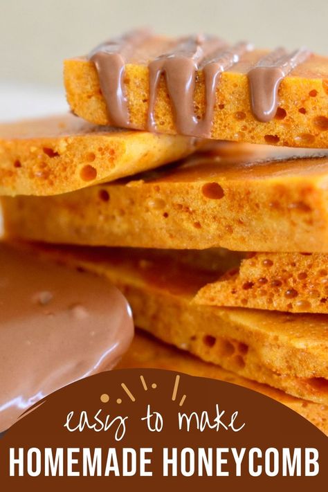 This easy honeycomb recipe contains step-by-step instructions for success. Homemade Gramcracker Recipe, Honey Comb Candy Recipes, Honey Comb Recipe Homemade, Home Made Sweets, Homemade Honeycomb, Honeycomb Recipe, Candy Recipes Homemade, Honey Recipes, Think Food