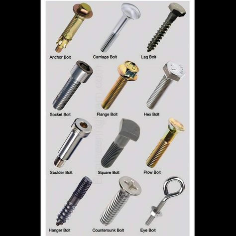 different types of bolts 1. Anchor Bolt - A bolt used to attach structures to concrete. 2. Carriage Bolt - Has a rounded head and a square section under the head, used to prevent rotation. 3. Lag Bolt - A heavy-duty fastener with a hex head, often used for wood. 4. Socket Bolt - Has a cylindrical head with a hex drive, requiring a hex key or Allen wrench. 5. Flange Bolt - A bolt with an integrated washer-like flange to distribute load. 6. Hex Bolt - A bolt with a hexagonal head, widely... Types Of Bolts, Lag Bolts, Anchor Bolt, Allen Wrench, Carriage Bolt, Hex Key, Wrench, Different Types, Washer