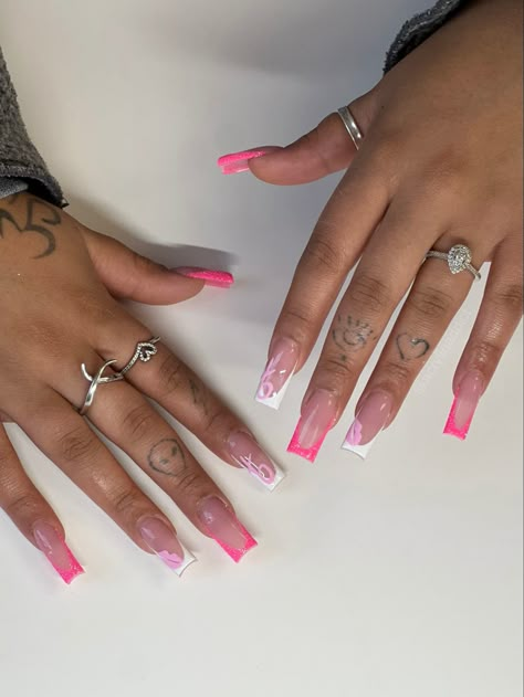 Valentine’s Nails Coffin, Valentines Day Nails Medium Coffin, Pink French Tip Nails Y2k, Pink French Tip With Initial, Medium French Tip Nails, Pink French Tip Nails With Design, Medium Pink Nails, Pink On Pink French Nails, Pink French Tip Nail Designs