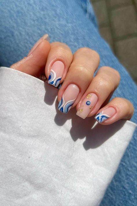 Nail Ideas Short French, Short French Tip Coffin, Summer Nails 2022 Trends, French Tip Coffin Nails, French Tip Coffin, Short French Tip, Summer Nails 2022, Evil Eye Nails, Short French