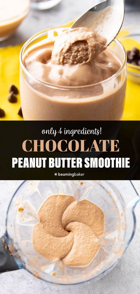 Creamy ‘n thick, this 4 ingredient Chocolate Peanut Butter Smoothie is satisfyingly packed with peanut butter, chocolate, and bananas! Made in less than 5 minutes. Tastes like peanut butter cups with sweet bananas. | Recipe at BeamingBaker.com Peanut Butter Nutella Smoothie, Best Peanut Butter Smoothie Recipes, Healthy Banana Peanut Butter Recipes, Pb2 Drink Recipes, Peanut Butter Mocha Smoothie, Banana Peanut Butter Yogurt, Healthy Peanut Butter Protein Shake, Chocolate Peanut Butter Banana Smoothie Protein, Peanut Butter Date Smoothie