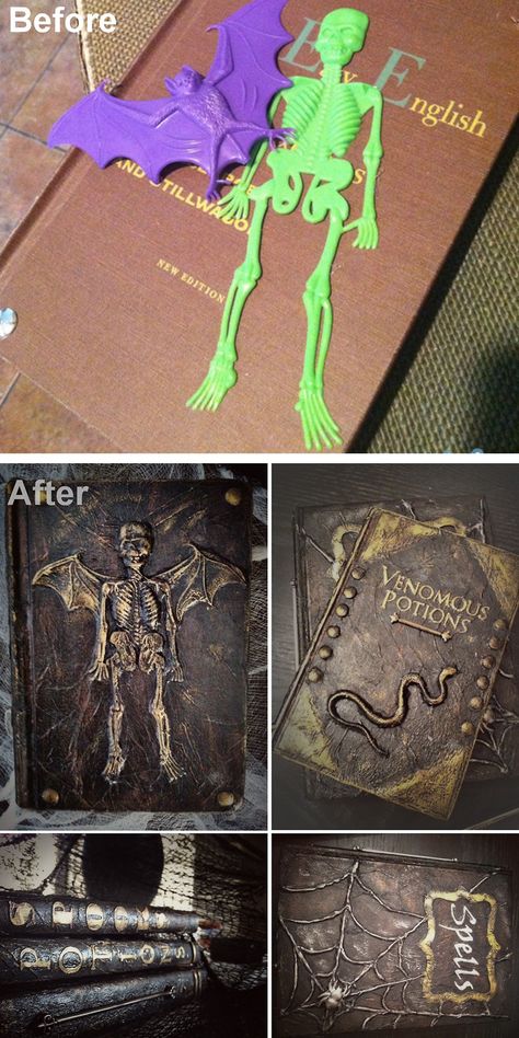 DIY Spell and Potion Book Tutorial from Better After. This is a really good tutorial using plastic toys, a glue gun, cardstock, paper towels etc… This DIY is based on a tutorial by SEEING THINGS - my... Potion Book, Strašidelný Halloween, Potions Book, Book Tutorial, Halloween Decor Diy, Halloween Fest, Anniversaire Harry Potter, Theme Harry Potter, Halloween Prop