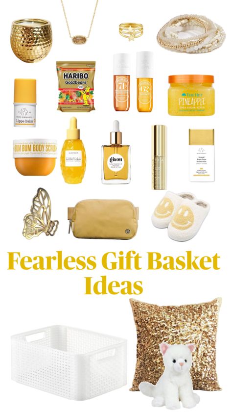 The perfect gift basket for a Swifty, who loves Taylor Swift’s album, fearless Perfect Gift Basket, Custom Sneakers Diy, Birthday Presents For Friends, Preppy Gifts, Holiday Baskets, Birthday Basket, Taylor Swift Birthday, Cute Gifts For Friends, Cute Birthday Gift