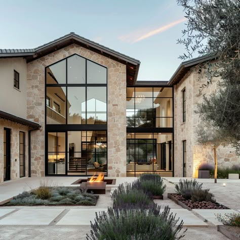 Napa Style Home Exterior, Stone Stucco Siding Exterior, Family House Ideas Exterior, Overgrout Stone Exterior, Stone Exterior Houses Modern, Modern Cotswold House, Restoration Hardware Exterior, Organic Modern House Exterior, Modern Villa Exterior Facades