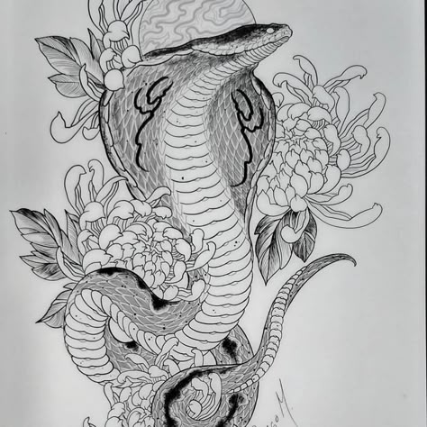 Diego Moraes on Instagram: “@lecabinetfamiliamoraestattoo @easytattoo.fr #cobra #cobratattoo #snaketattoo #japonestattoo #iruzumi” Snake Cobra Drawing, Art Inspiration Tattoo, Art Tattoo Drawing, Snakes And Flowers, Snake Reference, Snake Sleeve, Serpent Art, Snake Sketch, Mythology Drawing