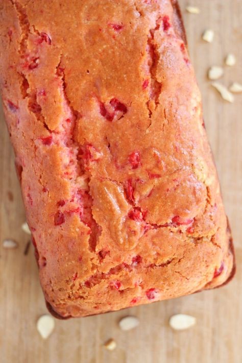 Cherry Almond Bread with Cherry Glaze - The Gold Lining Girl Cherry Almond Loaf 12 Tomatoes, Cherry Quick Bread Recipes, Cherry Almond Bread, Cherry Loaf, Cherry Bread Recipe, Cherry Chip Cake, Cherry And Almond Cake, Cherry Glaze, Cherry Bread