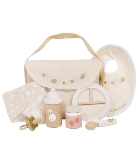 From Le Toy Van, this baby doll set features:fabric bag with a carry strap, decorated with a pretty leaf designInside includes baby care essentials including a bib, dummy, nappy, plate, spoon, a jar of baby food, and a bottleLovingly made from a combination of natural cotton and beautiful natural solid woodSuitable for ages 3 years+Made to fit soft toys and dolls from approx. 30-35cm (11&#046 Le Toy Van, Wooden Toys Design, Baby Doll Set, Baby Care Essentials, Pretty Leaf, Nursing Accessories, Baby Alive Dolls, Imaginary Play, Baby Doll Accessories