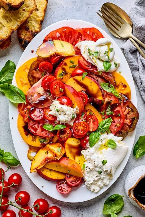 Tomato Peach Burrata Salad - Two Peas & Their Pod Avani Recipes, Peach Burrata Salad, Peach And Burrata, Salad Dressing Recipes Vinaigrette, Peach Burrata, Whipped Goat Cheese, Burrata Salad, Peach Salad, Party Food Platters