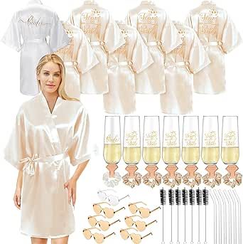 42 Pcs Bridesmaids Proposal Gift Bridal Robes Sets Including Heart Sunglasses Champagne Flutes Scrunches for Wedding Gold Bachelorette Party Decorations, Gold Bachelorette, Bridesmaids Proposal, Stemless Champagne Flutes, Bachelorette Party Planning, Wedding Champagne, Wedding Robe, Bridesmaid Proposal Gifts, Champagne Wedding