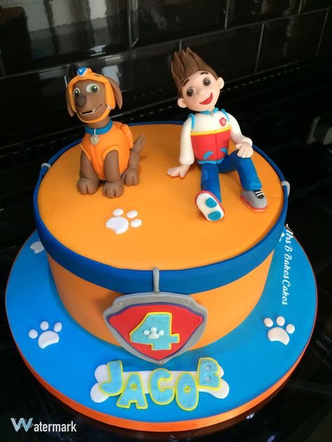 Paw Patrol Birthday Cake Zuma and Ryder with Paw Prints and Dog Collar. Entirely handcrafted sugarpaste cake toppers, chocolate cake with whipped vanillabean buttercream.  2016 made in Mrs B Bakes Cakes kitchen Saltaire - West Yorkshire - UK  https://www.facebook.com/mrsbcakeologist/ Indian Food Catering, Zuma Paw Patrol, Ryder Paw Patrol, Paw Patrol Birthday Cake, Paw Patrol Cake, Paw Patrol Birthday Party, Paw Patrol Party, Paw Patrol Birthday, Orange Cake