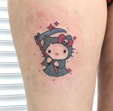 170 Cutest Hello Kitty Tattoo Designs (2023) - TattoosBoyGirl Spooky Hello Kitty Tattoo, Sanrio Tattoo Ideas, Tattoo Hello Kitty, Hello Kitty Tattoo Ideas, Sanrio Tattoos, Kawaii Tattoos, Hello Kitty Tattoo, Kitty Tattoo, Hello Kitty Tattoos