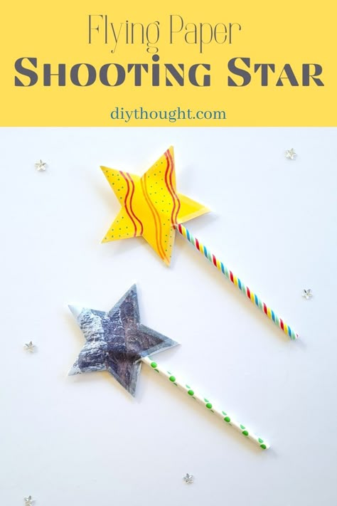 Make a Flying Paper Shooting Star. A fun kid's craft. Use an old magazine or decorate your own paper to extend the fun. Sky Crafts For Kids, Stellar Vbs Crafts, Star Craft Preschool, Star Crafts For Toddlers, Star Crafts For Preschoolers, Easy Space Crafts, Star Crafts For Kids, Paper Stars Tutorial, Star Sensory