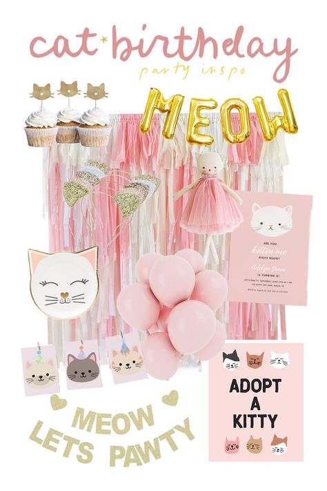 cat birthday party ideas Cool Cat Birthday Party, Girls Cat Birthday Party Ideas, Cat 3rd Birthday Party, Cat Themed 1st Birthday Party, Cat Birthday Theme Girl, Cat Party Decor, Kids Cat Birthday Party, Adopt A Cat Birthday Party, Kitten Birthday Party Ideas