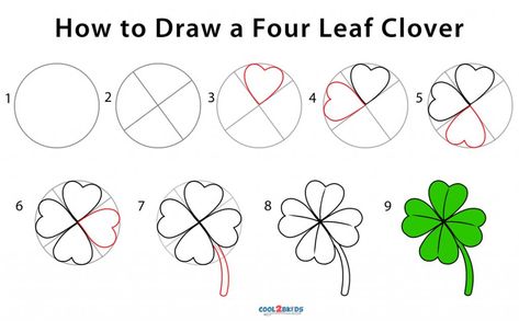 How to Draw a Four Leaf Clover (Step by Step Pictures) How To Draw A Clover Step By Step, How To Paint A Four Leaf Clover, 4 Leaf Clover Drawing, Clover Doodle, Four Leaf Clover Drawing, Cattery Ideas, How To Draw Lightning, Clover Drawing, Clover Painting