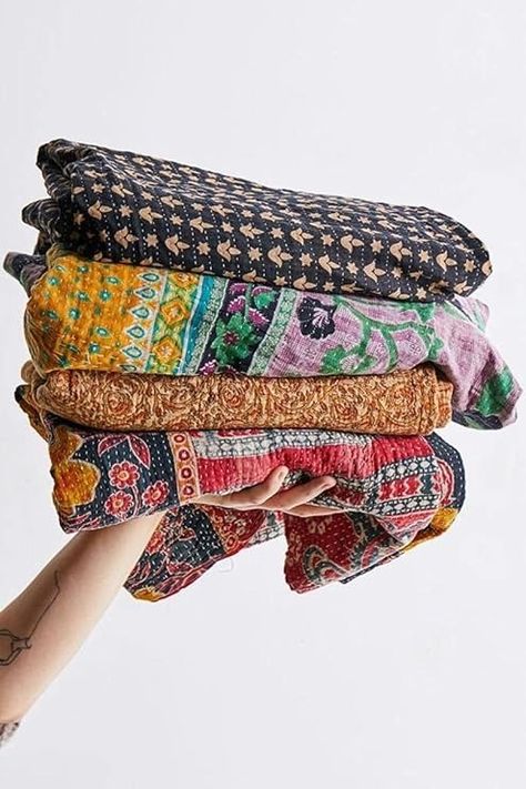 Amazon.com: Royal Craft Indian Vintage Kantha Quilt Handmade Throw Reversible Cotton Blankets 1 Quilt Assorted Colors RCKQT0096 RCKQT0096 55X85 Inches : Home & Kitchen Textiles Inspiration, Artisan Clothing, Sari Quilt, Bed Quilts, Quilts Vintage, Bohemian Quilt, Bohemian Blanket, Kantha Throw Blanket, Bohemian Bedspread