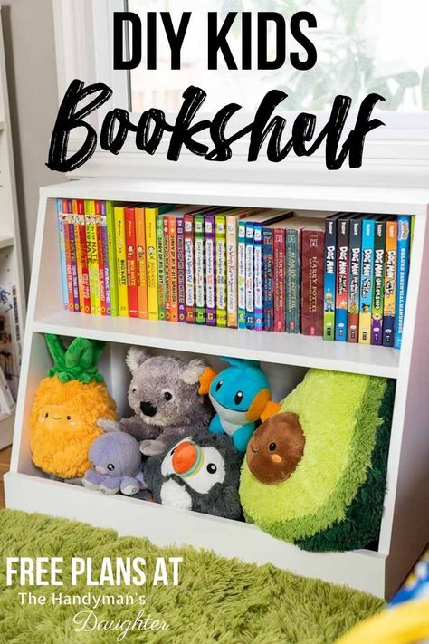 This DIY kids bookshelf combines book and toy storage together in one compact space! It also doubles as a nightstand next to the bed! Get the free woodworking plans to build this small bookshelf at The Handyman's Daughter! #bookshelf #woodworkingplans Diy Kids Bookshelf, Bookshelf Woodworking Plans, Diy Bookshelf Kids, Kids Bookshelf, Maker Space, Small Bookshelf, Best Woodworking Tools, Woodworking For Kids, Woodworking Joinery