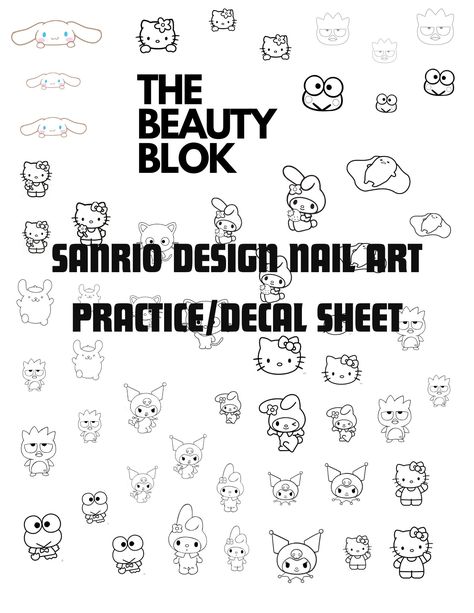 SAN RIO design nail art  sheet! These are great for adding a design to your nails without having to draw. The designs are lined designs(no color) so that you can color them in to the color you want yourself! It includes over 30 decals and the designs are in different sizes to accommodate different nail sizes! THIS LISTING IS FOR IS PHYSICAL COPY! You can purchase a digital file in my shop as well. These can be used for waterslide nail decals or nail art practice.  The nail art practice sheet com Nail Decals Designs Printable, Nail Art Stencils Printable, Nail Art Practice Sheet, Printable Nail Art Templates, Printable Nail Art Practice Sheet, Printable Nail Art, Nail Art Practice, Nail Decals Designs, Diy Makeup Remover