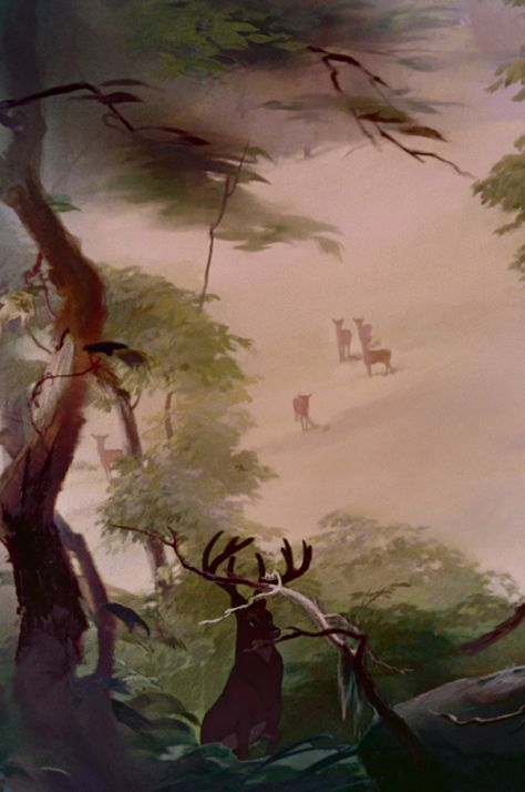 Bambi 1942 Bambi Forest, Bambi Film, Comforting Art, Tyrus Wong, Bambi 1942, Old Disney Movies, Forest Drawing, Bambi Disney, Forest Sunset