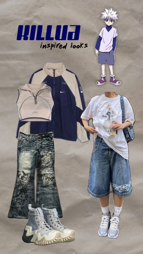 hxh killua inspired outfits #hxh #hunterxhunter #killuazoldyck #killua #hxhkillua #killuaoutfit #outfit #outfitinpso #outfitinspiration #skateraesthetic #skateroutfit #baggyfit #jorts #cybersigilism Killua Inspired Outfits, Hxh Killua, Inspired Outfits, Clothes