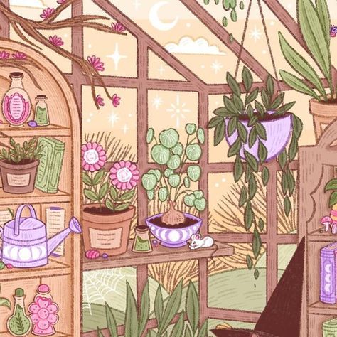 Marigona Suli on Instagram: "Witchy Greenhouse🌿🌸✨ A witch and her duck familiar’s🦆💖 It was so much fun to create this scene. I love drawing plants and flowers :) I wish I could also hang out at this beautiful greenhouse✨ This illustration is available as a postcard and print in my sh0p :) Some of you already own it🥰  #witchyillustration #magicalillustration #witchillustration #fallillustration #illustration #illustrationartists #illustrator #vintageillustration #darkacademiawitch #witches #books #springillustration #cuteart #halloweenillustration #duckart #darkacademia #childrensbookillustration #darkacademiaillustration #picturebookillustration #witchillustrations #ducks #greenhouseillustration" Greenhouse Drawing, Garden Witch Illustration, Greenhouse Doodle, Greenhouse Illustration, Witch Plants Illustration, Greenhouse Illustration Art, Spring Illustration, Duck Art, Greenhouse Interiors