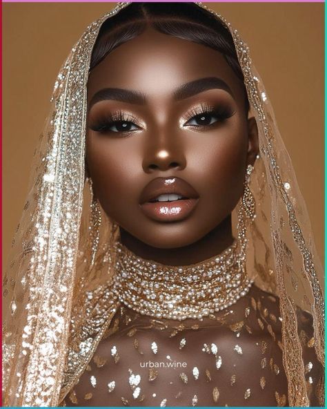 Bride, make up, luxury, elegant, esthetic, gold Editorial Wedding Makeup, Rich Makeup Looks, Gold Soft Glam Makeup, Wedding Makeup Dark Skin, Vintage Glam Makeup, Gold Bridal Makeup, Golden Makeup Look, Soft Beat Makeup, Nigerian Wedding Makeup