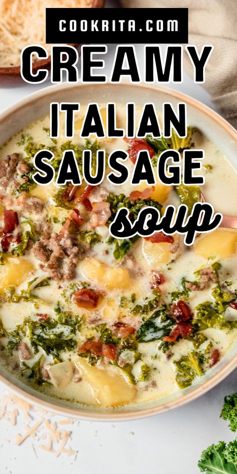 creamy soup bowl with potatoes, sausage and kale. Creamy Sausage And Kale Soup, Soup Recipes Using Italian Sausage, Sausage And Broccoli Soup, Tuscany Italian Sausage Soup, Tuscan Sausage And Kale Soup, Sausage And Cannellini Bean Soup, Olive Garden Sausage And Kale Soup, Ground Italian Sausage Soup, Tuscan Soup With Sausage