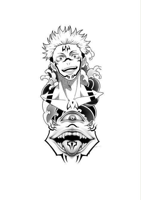 Ryomen Sukuna Tattoo Design, Sukuna Tattoo Design, Jujutsu Kaisen Tattoo Design, Sukuna Tattoo Ideas, Sukuna Tattoos, Jujutsu Kaisen Tattoo, Sukuna Tattoo, Traditional Japanese Tattoo Sleeve, Tshirt Artwork