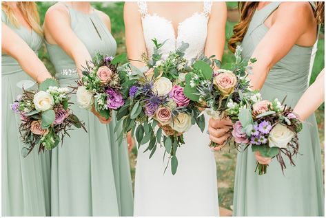 Sage Green And Purple Bridesmaid Dresses, Sage Green And Purple Wedding, Purple And Sage Wedding, Pale Pink Bouquet, Light Pink Bouquet, Sage Green And Pink, Pink Bouquets, Ski Resort Wedding, Purple Sage