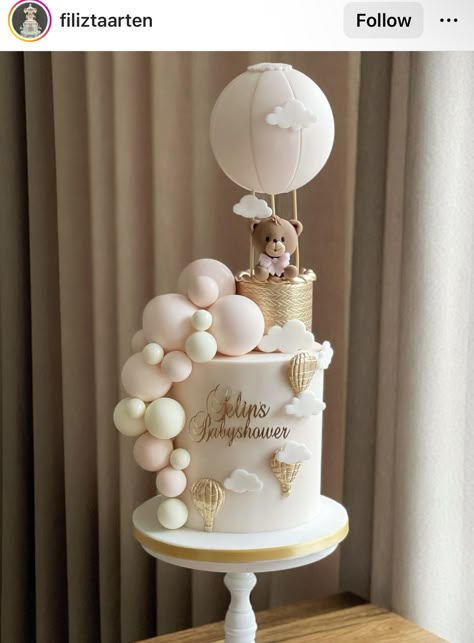 Bear And Balloon Cake, We Can Barely Wait Cake, Bear Theme Baby Shower Cake, Neutral Baby Shower Cakes, Baby Shower Bear Cake, Baby Cake Ideas, Hot Air Balloon Baby Shower Cake, We Can Bearly Wait Cake, Gender Neutral Baby Shower Cake