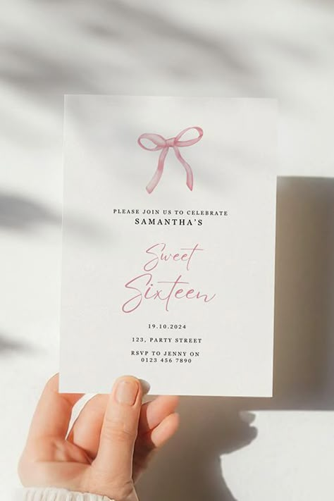 25 Th Birthday Invitations, Aesthetic Pink Invitation, Invitation 16 Sweet Sixteen, Aesthetic Invitation Birthday, Pink Party Invites, Pretty In Pink Birthday Invitations, Sweet Sixteen Invites, Birthday Invitations Coquette, Coquette Birthday Party Invitations