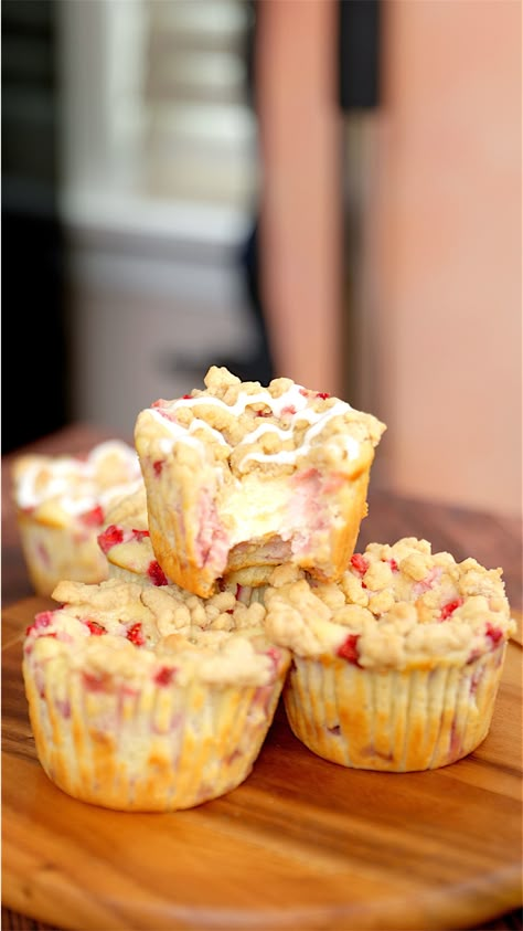 Bakery Style Strawberry Cheesecake Muffins Bakery Style Strawberry Muffins, Cheesecake Muffin, Strawberry Cheesecake Muffins, Food Polls, Strawberry Muffin, Muffin Cups Recipes, Dream Bakery, Fruit Muffins, Bakery Art